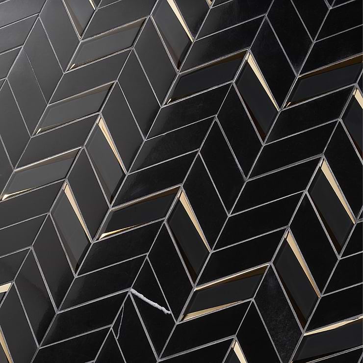 Kasol Portoro Black 2x4 Marble and Mirrored Glass Polished Mosaic Tile