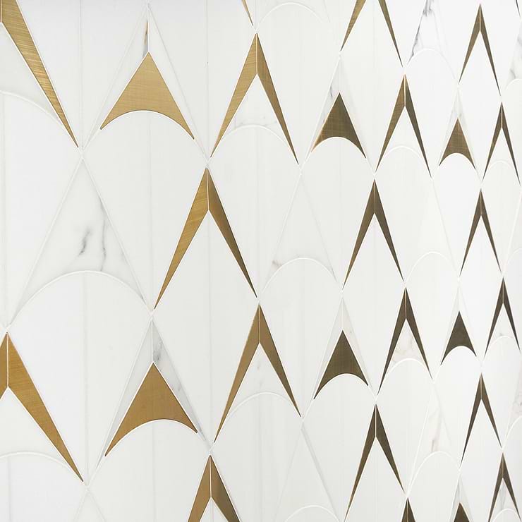 Regis Bianco Waterjet Polished Marble Mosaic Tile, White and Brass