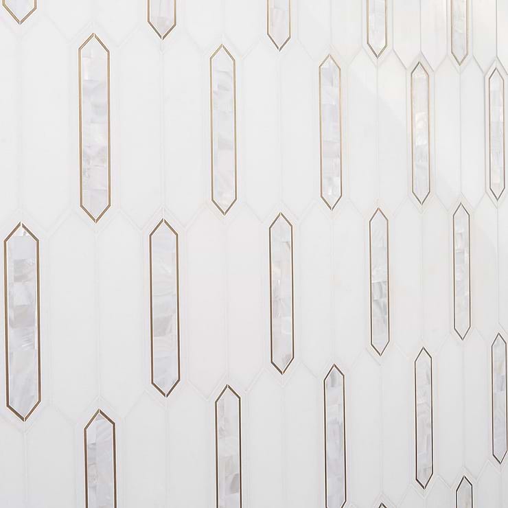 Zeus White Pearl 2x8 Picket Polished Marble, Pearl and Brass Waterjet Mosaic Tile