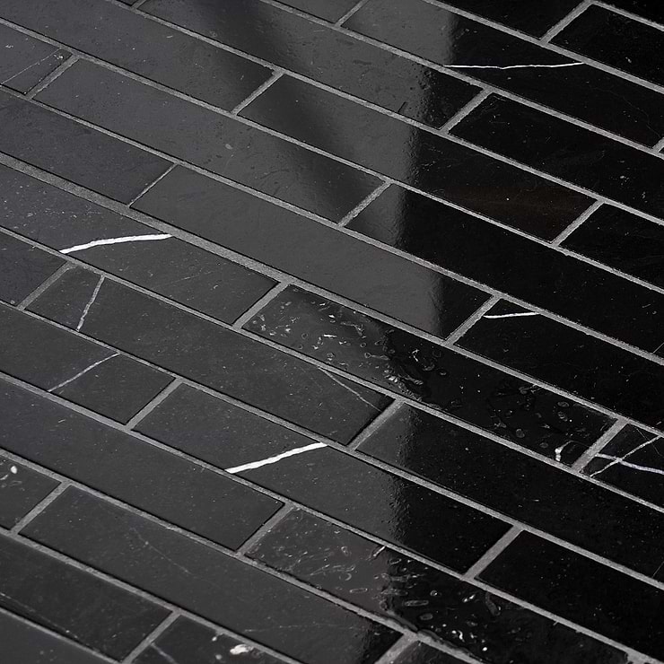 Nero Marquina 1x4 Piano Brick Polished Marble Mosaic Tile