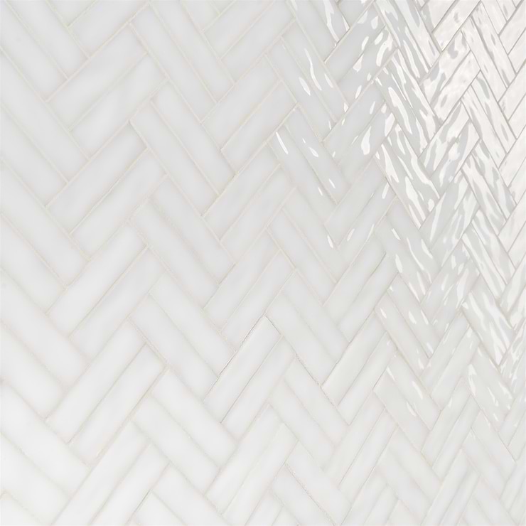 Bespoke Gosh White 3/4" x 3” Herringbone Polished Glass Mosaic Tile
