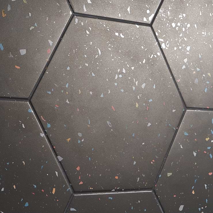Six Hexagon Charcoal Graphite Black 12.5" Terrazzo Look Matte Porcelain Tile