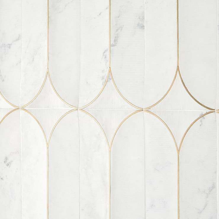 Calypso 3D Carved Bianco White Brass Inlay 8x16 Textured Honed Marble Limestone Tile