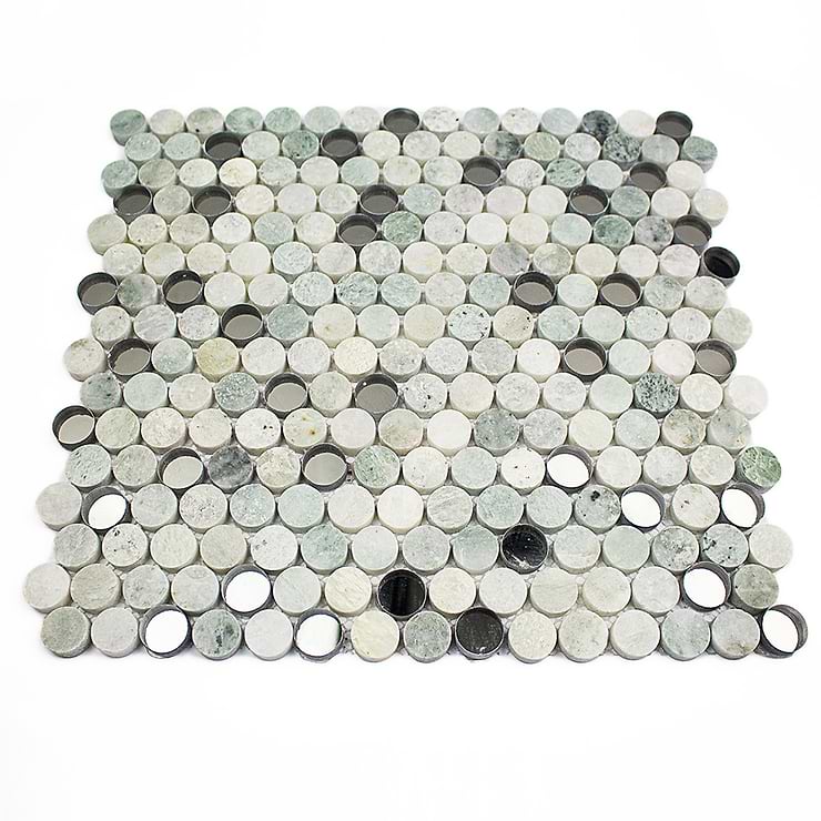 Reflection Ming Green With Mirror Penny Round Marble and Glass Tile