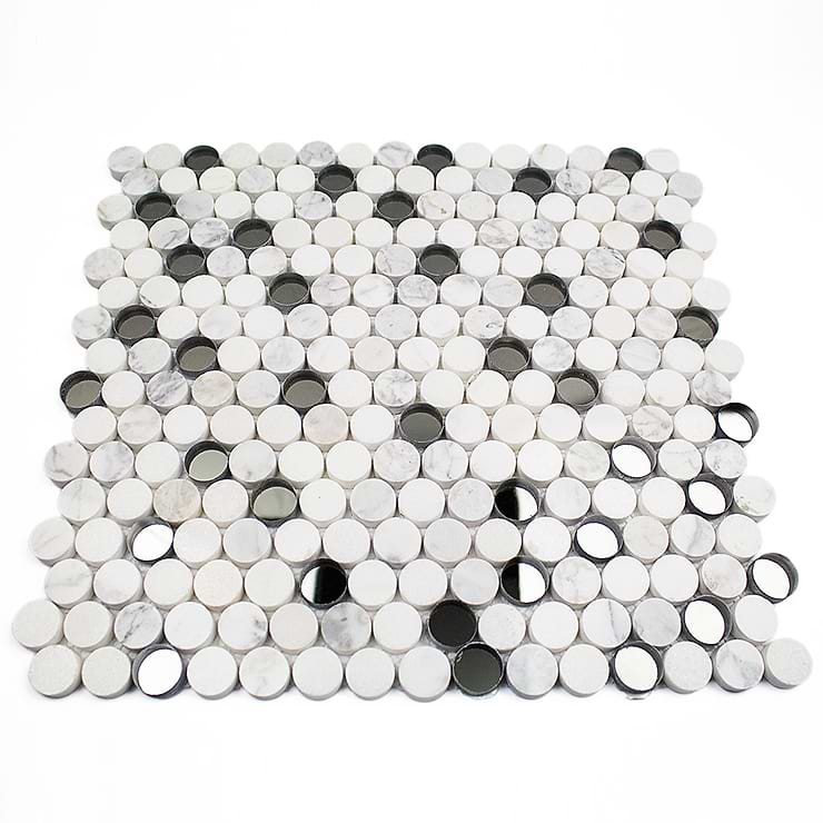 Paradigm Carrera Thassos and Mirror Penny Round Marble and Glass Tile