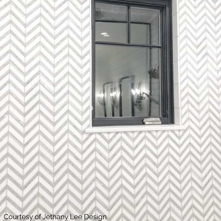 Monarch White Thassos With Carrara Herringbone Polished Marble Tile
