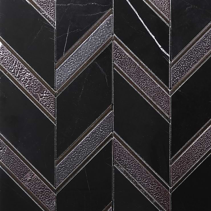 Magma Chevron Barcelona Nero Marquina Black and Iron Lava Stone Polished Mosaic Tile