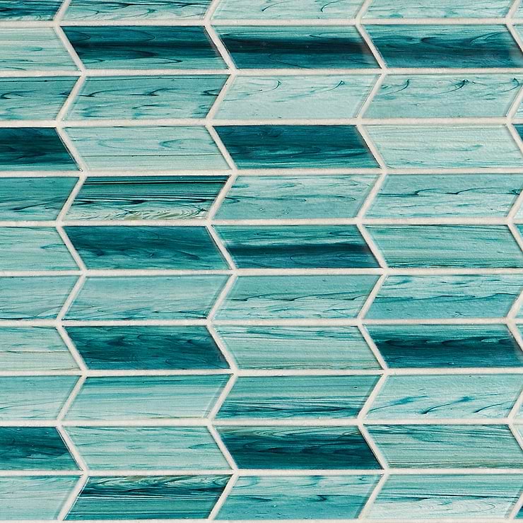 Maya Teal Green Chevron Polished Glass Mosaic; in Green Glass ; for Backsplash, Bathroom Wall, Kitchen Wall, Shower Wall, Wall Tile; in Style Ideas Beach, Classic, Contemporary, Mediterranean, Traditional, Transitional, Tropical; released 2024; new, trends