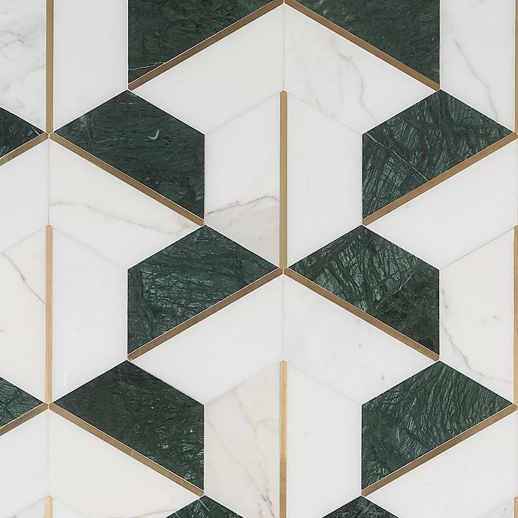 Decade Verde Polished Marble and Brass Mosaic Tile
