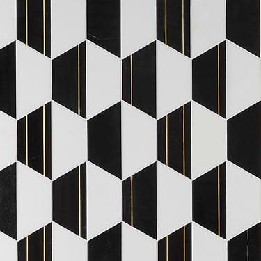 Fuse Nero Black & White 6" Hexagon Polished Marble & Brass Mosaic - Sample