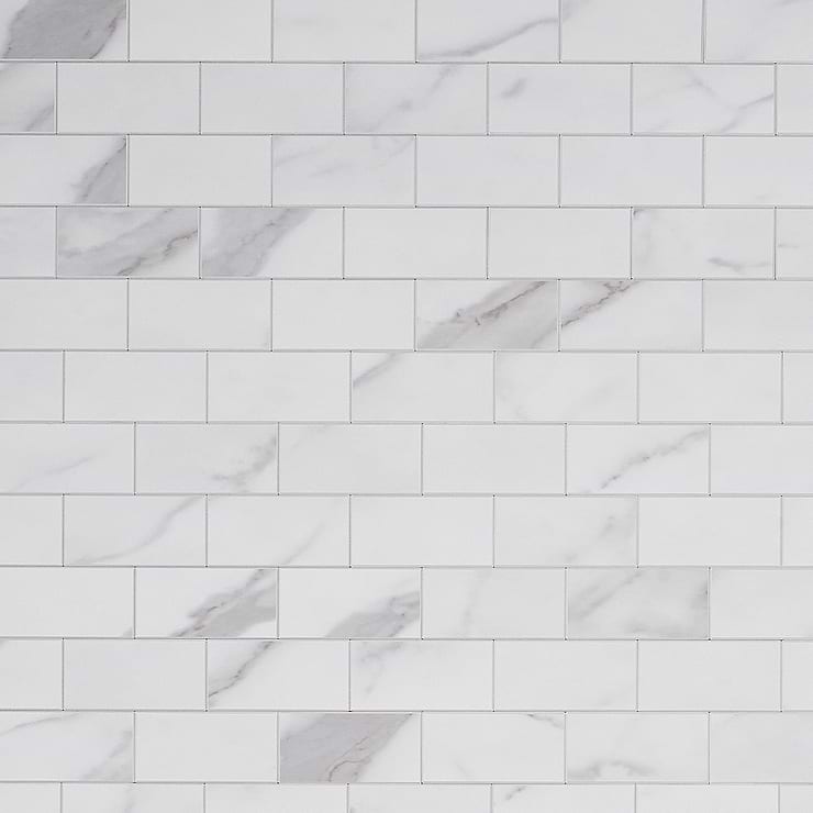 Calacatta LPS White 2x4 Brick Solid Core Peel & Stick Self Adhesive Marble Look Matte Tile