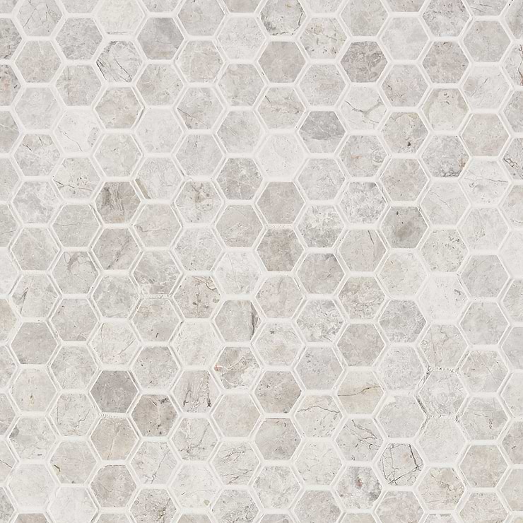 Tundra Gray 1" Hexagon Honed Limestone Mosaic; in Gray Limestone; for Backsplash, Floor Tile, Kitchen Floor, Kitchen Wall, Wall Tile, Bathroom Floor, Bathroom Wall, Shower Wall, Shower Floor, Outdoor Floor, Outdoor Wall, Commercial Floor; in Style Ideas Contemporary, Industrial; released 2023; new, trends