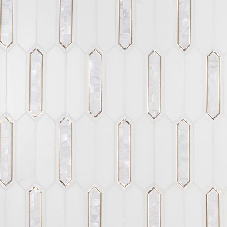 Zeus White Pearl 2x8 Picket Polished Marble, Pearl and Brass Waterjet Mosaic Tile
