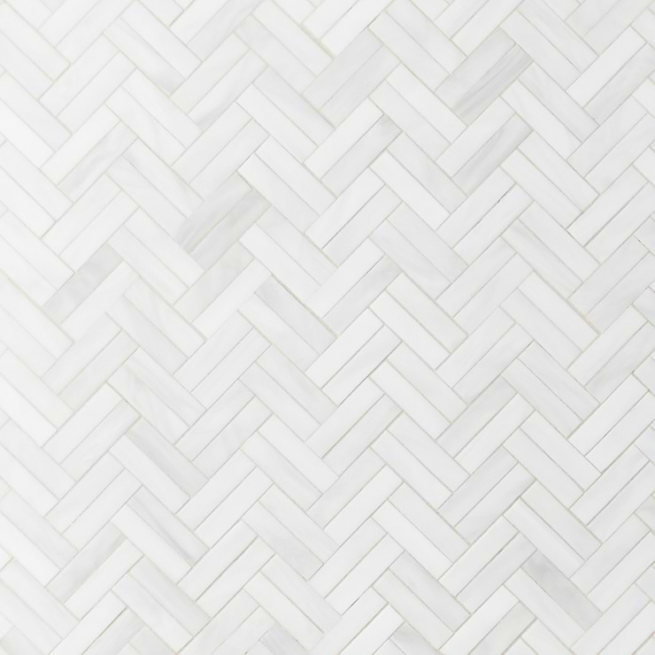 Bespoke Rain Cloud White 3/4" x 3” Herringbone Polished Glass Mosaic Tile