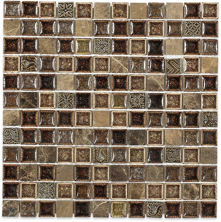 Emperial Roman Burnt Russet 1x1 Glass Mosaic; in Brown + Copper Crushed Glass + Marble + Resin Deco; for Backsplash, Bathroom Wall, Shower Wall, Wall Tile; in Style Ideas Craftsman, Industrial, Rustic