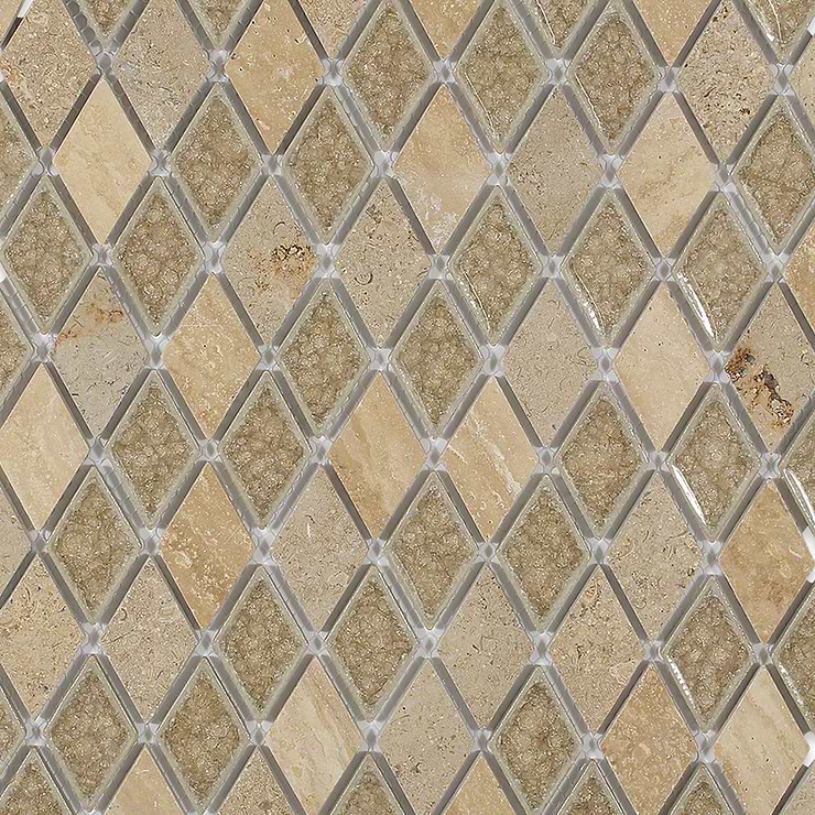 Emperial Roman Desert Tan Diamond Glass Mosaic; in Cream + Travertine Travertine; for Backsplash, Wall Tile, Bathroom Wall, Shower Wall; in Style Ideas Craftsman, Industrial, Rustic