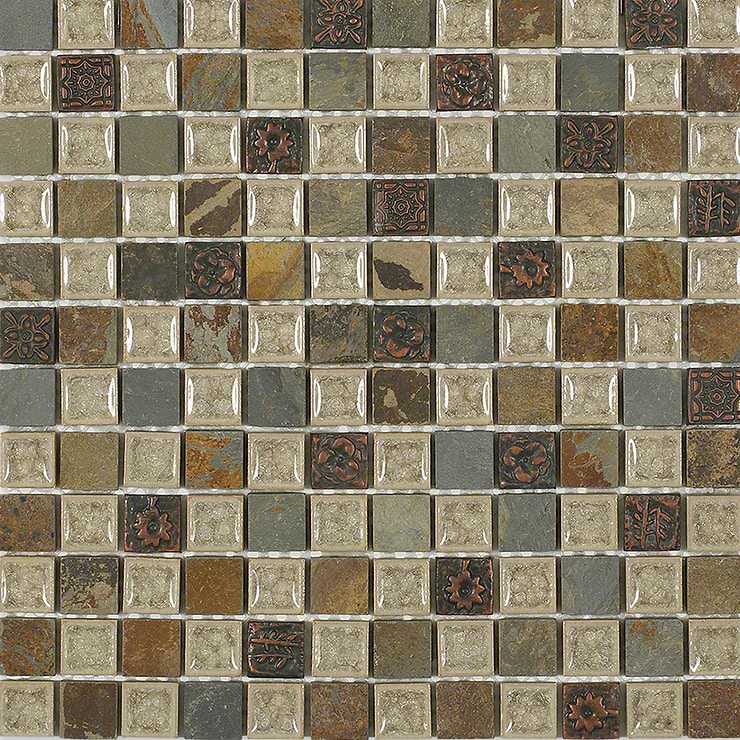 Emperial Roman Slate Deco 1x1 Glass Mosaic; in Cream + Forest Green + Multicolor Crushed Glass + Slate; for Backsplash, Bathroom Wall, Shower Wall, Wall Tile; in Style Ideas Craftsman, Industrial, Rustic