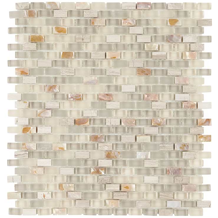 Paragon Calico Beige 1x1 Mini Brick Marble & Glass Mosaic; in Beige + Tan Glass + Pearl + Marble; for Backsplash, Kitchen Wall, Wall Tile, Bathroom Wall, Shower Wall; in Style Ideas Beach, Farmhouse, Mid Century
