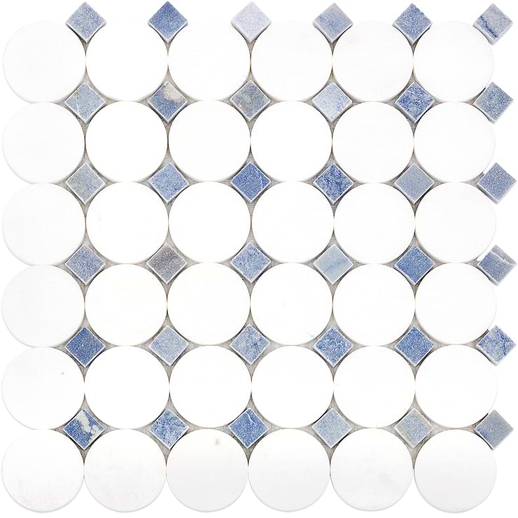 Kinetic Blue 1x2 Circles Polished Marble Mosaic; in White, Blue White Thassos Marble + Blue Macauba Marble; for Backsplash, Floor Tile, Kitchen Floor, Kitchen Wall, Wall Tile, Bathroom Floor, Bathroom Wall, Shower Wall, Outdoor Wall, Commercial Floor; in Style Ideas Craftsman, Whimsical