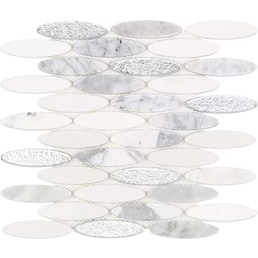 Kinetic Ice Water White 1x4 Oval Polished Marble & Glass Mosaic