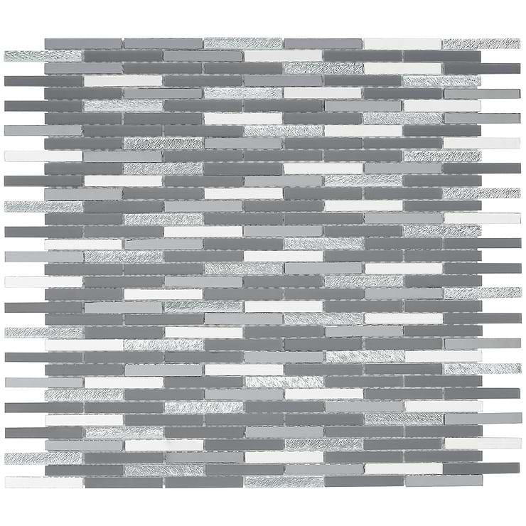Metallic Styx Starry Night Gray Brick Glass Mosaic; in Shades of Gray and Metallic Silver Glass + Mirror; for Backsplash, Kitchen Wall, Wall Tile, Bathroom Wall, Shower Wall; in Style Ideas Art Deco, Rustic, Craftsman, Cottage, Industrial, Mid Century
