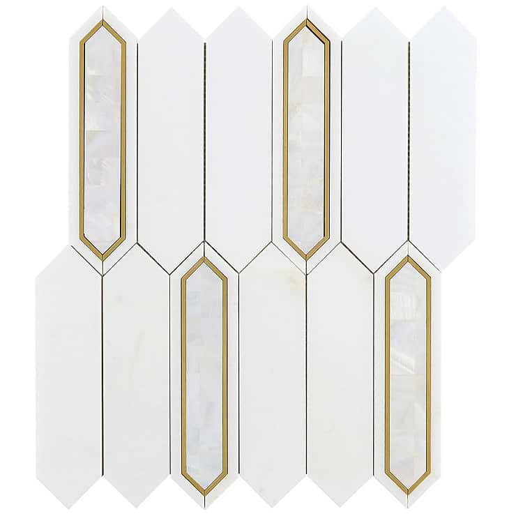 Zeus White Pearl 2x8 Picket Polished Marble, Pearl and Brass Waterjet Mosaic Tile