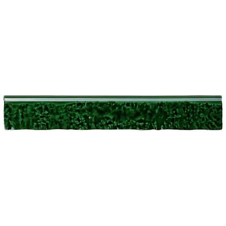 Wabi Sabi Emerald Green 1.5x9 Crackled Glossy Ceramic Bullnose; in Green White Body Ceramic; for Backsplash, Kitchen Wall, Wall Tile, Bathroom Wall, Shower Wall; in Style Ideas Beach, Cottage, Craftsman, Mediterranean, Mid Century, Traditional, Transitional; released 2023; new, trends