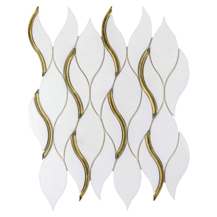 Euphoria Glass Lynx Gold Waved Teardrop Polished Thassos Marble Mosaic Tile