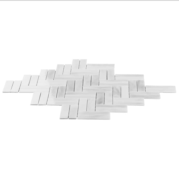 Bespoke Rain Cloud White 3/4" x 3” Herringbone Polished Glass Mosaic Tile