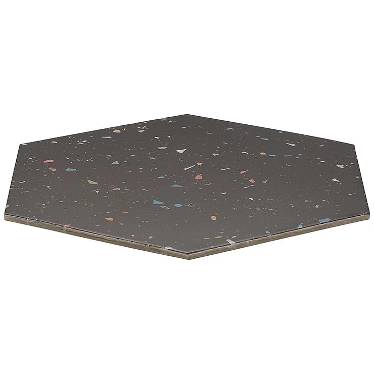 Six Hexagon Charcoal Graphite Black 12.5" Terrazzo Look Matte Porcelain Tile