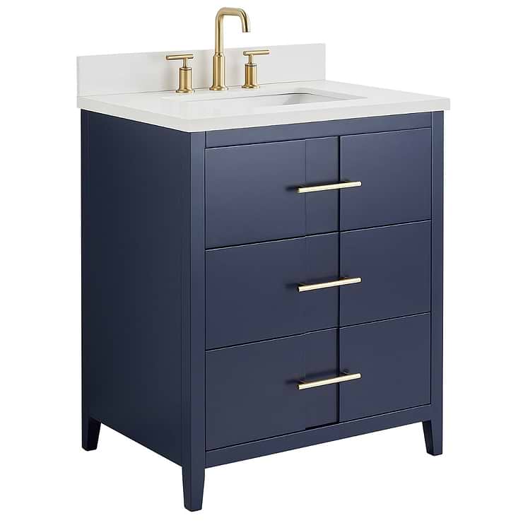 Iconic 30" Navy and Gold Vanity with Quartz Counter; in Style Ideas Classic, Mid Century, Traditional, Transitional