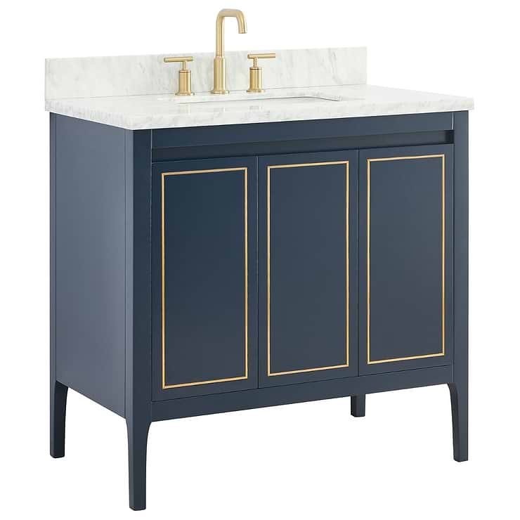 Province Navy and Gold 36" Single Vanity with Carrara Marble Top; in Style Ideas Classic, Mid Century, Traditional, Transitional