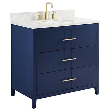 Iconic 36" Navy and Gold Vanity with Carrara Marble Top and Ceramic Basin