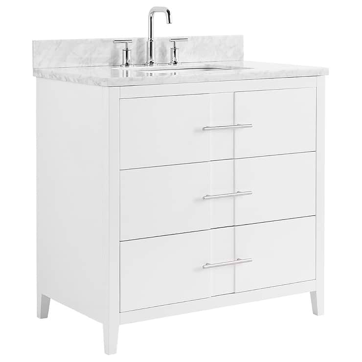 Iconic 36" White and Silver Vanity with Marble Counter; in Style Ideas Classic, Mid Century, Traditional, Transitional