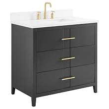 Iconic 36" Black and Gold Vanity with Pure White Quartz Top and Ceramic Basin