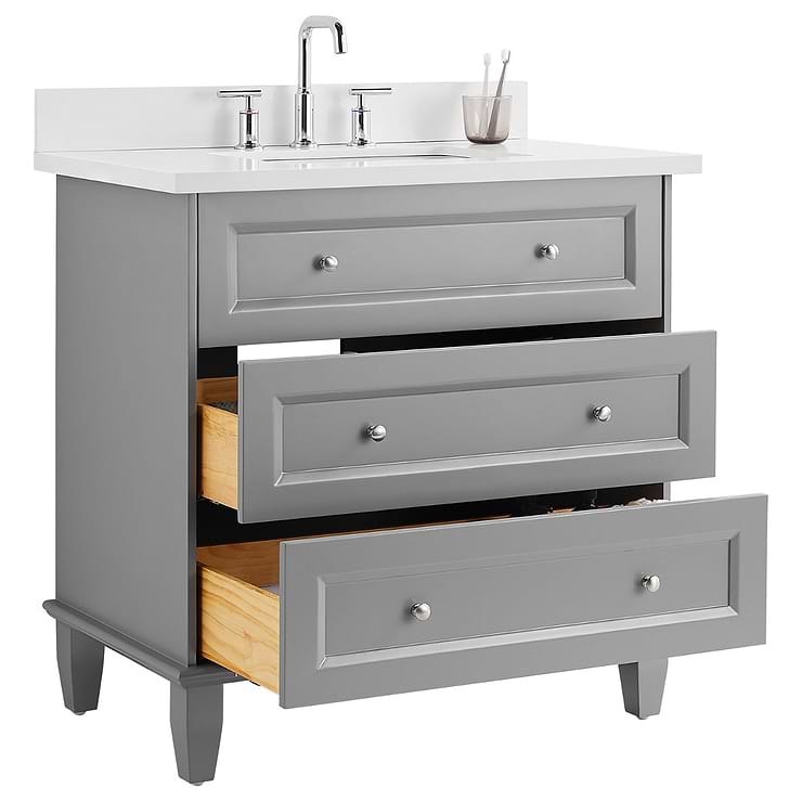 Nora 36" Gray Vanity with Pure White Quartz Top and Ceramic Basin