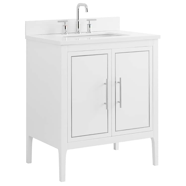 Province White and Silver 30" Single Vanity with Pure White Quartz Top; in Style Ideas Classic, Mid Century, Traditional, Transitional