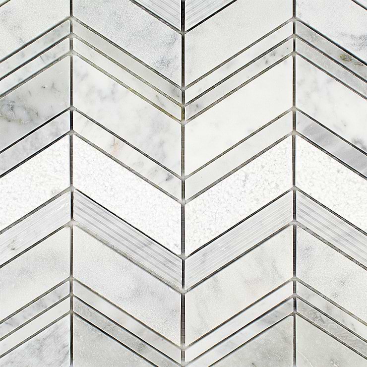 Winged White Herringbone Textured Carrara Marble Mosaic; in White w/Gray Carrara; for Backsplash, Floor Tile, Kitchen Floor, Kitchen Wall, Wall Tile, Bathroom Floor, Bathroom Wall, Shower Wall, Outdoor Wall, Commercial Floor; in Style Ideas Art Deco