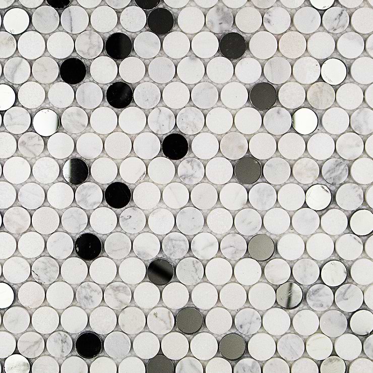 Reflection White 1" Penny Round Marble & Glass Mosaic; in White Thassos + White Carrara + Mirror Carrara + Thassos; for Backsplash, Kitchen Wall, Wall Tile, Bathroom Wall, Shower Wall; in Style Ideas Contemporary, Mid Century