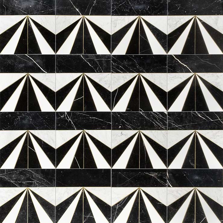 Art Deco Starburst Layout Option One; in Black + White + Brass Black Marble & Asian Statuary; for Backsplash, Floor Tile, Kitchen Floor, Kitchen Wall, Wall Tile, Bathroom Floor, Bathroom Wall, Shower Wall, Outdoor Wall, Commercial Floor; in Style Ideas Art Deco, Mid Century