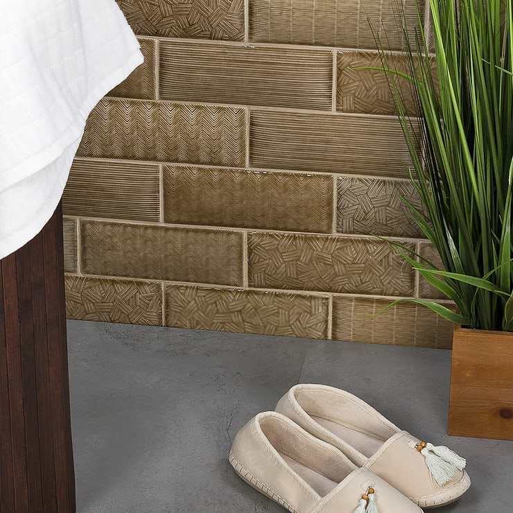 Maverick Firma Brown 3x8 3D Pillowed Glossy Ceramic Subway Tile; in Brown Crackled Ceramic; for Backsplash, Kitchen Wall, Wall Tile, Bathroom Wall, Shower Wall; in Style Ideas Beach, Industrial