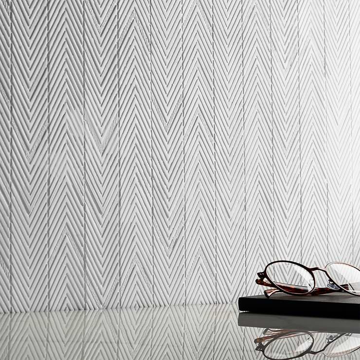 Sound Tempo White Chevron Matte Resin Mosaic; in White Resin; for Backsplash, Bathroom Wall, Kitchen Wall, Shower Wall, Wall Tile; in Style Ideas Contemporary, Craftsman, Industrial, Modern; released 2024; new, trends