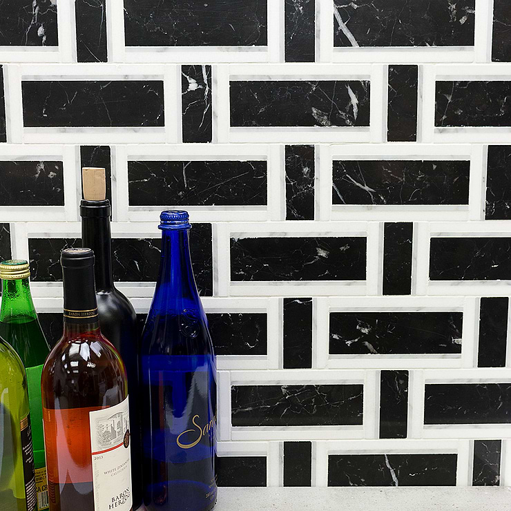 Esplanade Beauty Black & White Polished Marble Mosaic; in White Carrara and White Thassos Black Marble + Carrara + Thassos; for Backsplash, Floor Tile, Kitchen Floor, Kitchen Wall, Wall Tile, Bathroom Floor, Bathroom Wall, Shower Wall, Shower Floor, Outdoor Wall, Commercial Floor; in Style Ideas Classic, Craftsman, Transitional
