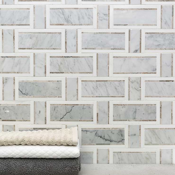 Esplanade French Linen Multicolor Polished Marble Mosaic; in White + Gray Carrara + Temple Gray + Thassos; for Backsplash, Floor Tile, Kitchen Floor, Kitchen Wall, Wall Tile, Bathroom Floor, Bathroom Wall, Shower Wall, Shower Floor, Outdoor Wall, Commercial Floor; in Style Ideas Classic, Craftsman, Transitional