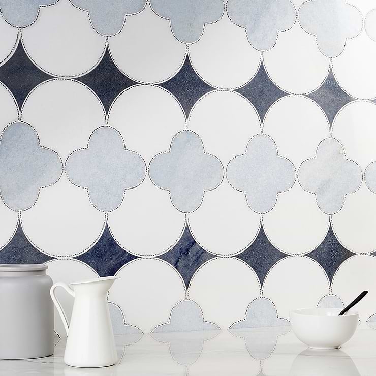 Layla Azul Blue Polished Marble Mosaic; in Blue + White  Blue Celest, Macauba, Thassos, Halley Gray Line ; for Backsplash, Floor Tile, Kitchen Floor, Kitchen Wall, Wall Tile, Bathroom Floor, Bathroom Wall, Shower Wall, Shower Floor, Outdoor Wall, Commercial Floor; in Style Ideas Classic, Contemporary, Craftsman, Mid Century, Traditional, Transitional