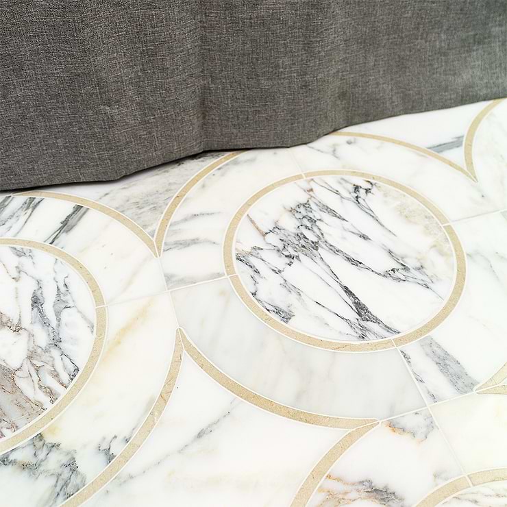 Highland Alpenglow Deux Beige Polished Marble Mosaic; in Calcatta Gold + Cream Calacatta + Crema Marfil; for Backsplash, Floor Tile, Kitchen Floor, Kitchen Wall, Wall Tile, Bathroom Floor, Bathroom Wall, Shower Wall, Shower Floor, Outdoor Wall, Commercial Floor; in Style Ideas Art Deco, Craftsman, Modern