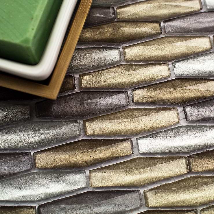 Apex Silver Dawn Multicolor 1x3 Polished Glass Mosaic; in Metallic Silver, Metallic Gold, Metallic Pewter, Metallic Light Bronze Glass; for Backsplash, Kitchen Wall, Wall Tile, Bathroom Wall, Shower Wall; in Style Ideas Art Deco, Contemporary, Mediterranean