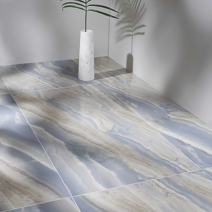 Lumina Onyx Opera Blue 24x48 Polished Porcelain Tile; in Blue Porcelain ; for Backsplash, Floor Tile, Kitchen Floor, Kitchen Wall, Wall Tile, Bathroom Floor, Bathroom Wall, Shower Wall, Outdoor Wall, Commercial Floor; in Style Ideas Art Deco, Craftsman, Modern