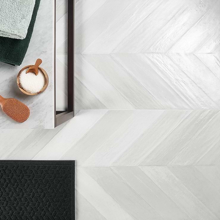 Sculpt White 24x48 Chevron Natural Porcelain Tile; in White Porcelain Stoneware; for Backsplash, Floor Tile, Kitchen Floor, Kitchen Wall, Wall Tile, Bathroom Floor, Bathroom Wall, Shower Wall, Shower Floor, Outdoor Floor, Outdoor Wall, Commercial Floor, Pool Tile; in Style Ideas Craftsman, Industrial, Mediterranean