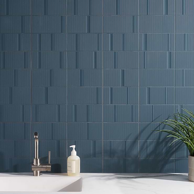 Division Blue 8x16 Fluted Matte Ceramic Tile; in Blue Ceramic; for Backsplash, Kitchen Wall, Wall Tile, Bathroom Wall, Shower Wall; in Style Ideas Contemporary, Mid Century, Modern, Transitional